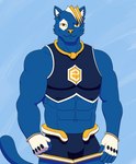 anthro blue_body blue_fur bottomwear bulge clothed clothing crop_top fingerless_gloves fur gloves handwear hexagon inner_ear_fluff jewelry looking_at_viewer male mascot muscular muscular_male necklace shirt shorts simple_background smile solo tail topwear tuft redcrystal e621 hexerade domestic_cat felid feline felis mammal hi_res