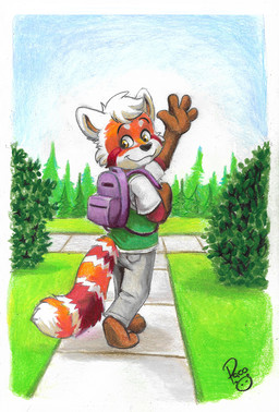 4_fingers amber_eyes anthro backpack barefoot biped black_nose blue_sky border bottomwear brown_body brown_fur cheek_tuft clothed clothing day detailed_background eyebrows facial_markings facial_tuft feet fingers fluffy fluffy_tail fully_clothed fur gesture grass green_clothing green_shirt green_topwear grey_bottomwear grey_clothing grey_pants head_markings head_tuft leaf looking_at_viewer looking_back male markings multicolored_body multicolored_clothing multicolored_fur orange_body orange_fur outside pants park path pink_inner_ear plant plantigrade pockets pointy_ears prick_ears raised_arm red_body red_fur ring_(marking) ringed_tail shadow shirt short_sleeves shrub sky smile soles solo striped_markings striped_tail stripes t-shirt tail tail_markings three-quarter_view toes topwear tree tuft walking waving white_body white_border white_clothing white_fur white_shirt white_topwear young young_anthro pandapaco jakemi ailurid mammal red_panda 2020 colored_pencil_(artwork) hi_res signature traditional_media_(artwork)