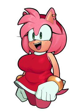 accessory anthro big_breasts bracelet breasts butt clothing dress ear_piercing ear_ring fangs female freckled_butt freckles gloves green_eyes hair_accessory hairband handwear jewelry piercing pink_body ring_piercing solo tail teeth champchidi sega sonic_the_hedgehog_(series) amy_rose eulipotyphlan hedgehog mammal hi_res
