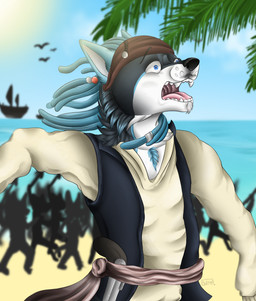 anthro bandana_on_head beach blue_eyes cosplay fur jewelry male multicolored_body multicolored_fur open_mouth pirate_outfit screaming solo wide_eyed samuelwolfo lupus_carnifex canid canine canis mammal wolf hi_res