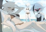 anthro beach beak bikini biped blush clothing female fur group looking_at_viewer navel open_beak open_mouth pink_eyes scar seaside swimwear text triangle_bikini trio two-piece_swimsuit white_body white_fur yellow_eyes kaltespur lorenzo_(royluna) avian absurd_res hi_res url