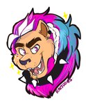 anthro blue_hair bodily_fluids braided_hair collar drooling ear_piercing eyebrows fangs fur hair male mane multicolored_hair multicolored_mane piercing pink_eyes pink_hair saliva smile solo spiked_collar spikes sticker stickers_on_face tan_body tan_fur teeth thick_eyebrows ractoons cody_(thirstydraws) felid lion mammal pantherine hi_res