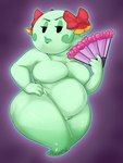 accessory anthro anthrofied beady_eyes big_breasts black_eyes bow_accessory bow_ribbon breasts eyelashes featureless_breasts female genitals ghost_tail green_body green_lips hair_accessory hair_bow hair_ribbon hand_on_hip holding_fan holding_object lips nude overweight overweight_female purple_background pussy red_bow ribbons sassy simple_background solo thick_thighs wide_hips asianpie mario_bros nintendo paper_mario lady_bow boo_(mario) ghost humanoid spirit undead 3:4 hi_res