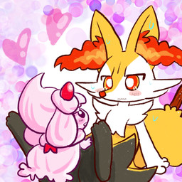 3_fingers 3_toes abstract_background ambiguous_anthro ambiguous_gender anthro arm_tuft biped black_body black_eyes black_fur blush blush_lines blush_stickers bodily_fluids cheek_tuft chest_tuft digitigrade duo facial_tuft feet fingers front_view fur heart_symbol hip_tuft inner_ear_fluff multicolored_body multicolored_fur nude_ambiguous nude_anthro object_in_tail open_mouth pointy_ears prick_ears rear_view red_eyes red_inner_ear_fluff red_nose shoulder_tuft sitting standing stick stick_in_tail sweat sweatdrop tail tapering_snout three-quarter_view toes tuft wavy_mouth white_body white_fur yellow_body yellow_fur yellow_sclera yellow_tail annyui0611 nintendo pokemon alcremie braixen canid generation_6_pokemon generation_8_pokemon mammal pokemon_(species) ruby_cream_alcremie strawberry_sweet_alcremie 1:1 2021 cel_shading colored digital_drawing_(artwork) digital_media_(artwork) hi_res japanese_description shaded translated_description