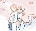 2018 anthro bathing breasts conditional_dnp covering covering_self daniels_(twokinds) door duo ears_back featureless_breasts featureless_crotch felid female fur hair hand_on_shoulder hi_res human inside keidran licking licking_lips male mammal monochrome nervous nude pantherine pivoted_ears seductive self_lick shower showering simple_background sketch smile smirk steam striped_body striped_fur stripes therie_sah-van tiger tom_fischbach tongue tongue_out towel twokinds water wet white_background