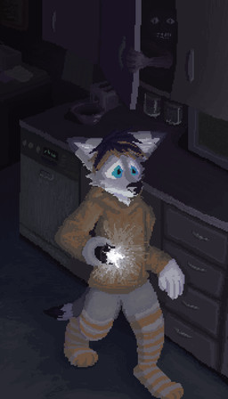 ambiguous_gender anthro blue_eyes clothing detailed_background duo flashlight fur grey_body grey_fur highlights_(coloring) hoodie horror_(theme) inside legwear male orange_clothing orange_highlights orange_hoodie orange_topwear pattern_clothing pattern_legwear pattern_thigh_highs striped_clothing striped_legwear striped_thigh_highs stripes thigh_highs topwear demensa canid canine fox mammal monster 2020 4:7 digital_media_(artwork) hi_res pixel_(artwork)