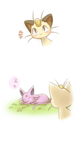 ambiguous_gender blush exclamation_point feral fur grass group interrobang pink_body pink_fur plant purple_eyes question_mark simple_background unimpressed water white_background yellow_body yellow_fur kuronekotarou nintendo pokemon eeveelution espeon felid generation_1_pokemon generation_2_pokemon mammal meowth persian_(pokemon) pokemon_(species) absurd_res comic hi_res long_image tall_image