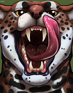 ambiguous_form ambiguous_gender bodily_fluids brown_body brown_fur facial_spots fangs front_view fur glistening glistening_eyes green_background licking licking_lips licking_own_lips looking_at_viewer mouth_shot open_mouth red_tongue saliva saliva_on_tongue simple_background solo spotted_face spotted_neck teeth tongue tongue_out white_body white_fur yellow_eyes roobin roobin_(character) felid mammal bust_portrait hi_res portrait female_(lore)