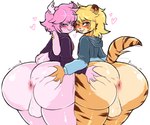 anthro antlers anus ass_to_ass balls big_butt blonde_hair blue_clothing blue_hoodie blue_topwear blush bottom_heavy bottomless bottomless_anthro bottomless_male brown_eyes brown_stripes butt butt_grab clothed clothed/nude clothing dog_tail duo ear_piercing ear_ring eyewear femboy fur genitals hair hand_on_butt heart_symbol hoodie horn huge_butt male male/male nude nude_anthro nude_male orange_body orange_fur pear-shaped_figure piercing pink_body pink_fur pink_hair presenting presenting_anus ring_piercing short_stack simple_background smile stripes take_your_pick thick_thighs tongue tongue_out topwear wide_eyed wide_hips twistedgutzz dany_(pulgadany) fzst felid jackalope lagomorph mammal pantherine tiger absurd_res hi_res