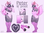 4_ears animal_genitalia anthro arm_on_hip balls butt fully_sheathed genitals glowing glowing_genitalia glowing_penis hand_on_arm kerchief knot machine male male/male multi_ear paws penis sheath simple_background solo tail text lutheshinything peter_(uwu_peter) protogen absurd_res english_text hi_res model_sheet
