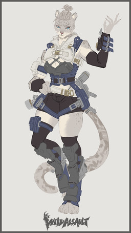 4_toes anthro belt blue_eyes breasts clothed clothing feet female fur hair markings pink_nose simple_background solo spots spotted_body spotted_fur toes white_background white_belt slippingstar combat_cat_studio wild_assault anthea_(wild_assault) felid mammal pantherine snow_leopard 9:16 digital_media_(artwork) full-length_portrait hi_res official_art portrait