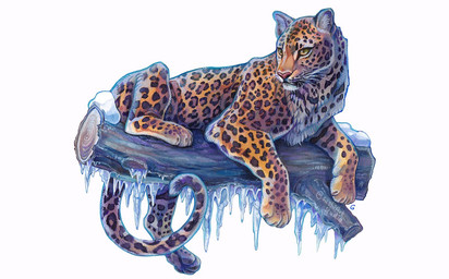 4_toes ambiguous_gender animal_print feet feral fur ice leopard_spots log multicolored_body multicolored_fur orange_body orange_fur paws quadruped simple_background sitting solo spots toes whiskers white_background wood yellow_eyes sushiartstudio felid leopard mammal pantherine 2021 traditional_media_(artwork)
