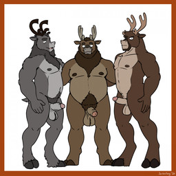 anthro antlers areola arms_around_another ball_tuft balls beard belly body_hair brown_body brown_fur digitigrade erection facial_hair foreskin fur genitals goatee grey_body grey_fur group half-erect happy_trail hooves horn looking_at_viewer male male/male mane mature_male musclegut muscular muscular_male nipples nude nude_anthro nude_male overweight overweight_male penis pubes simple_background standing tear_trough trio tuft scribefang blitzen dancer_(reindeer) donner deer mammal new_world_deer reindeer 2026 digital_drawing_(artwork) digital_media_(artwork) hi_res