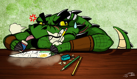 anthro armwear bodily_fluids brown_armwear brown_clothing clothing drawing eraser fangs front_view green_body green_scales male mouth_closed neck_spikes pencil pink_tongue scales solo sweat sweatdrop teeth tongue tongue_out yellow_eyes crazydrak alex_(jrbart) alligator alligatorid crocodilian reptile scalie