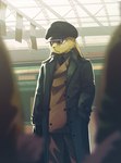 anthro black_necktie clothing fur gloves handwear headgear headwear holding_object male necktie overcoat red_eyes serious shirt suit topwear train_station yellow_body yellow_fur torasansousaku_(artist) carninghyen lagomorph leporid mammal rabbit 2022 hi_res japanese_description