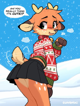 anthro blush bottomwear clothing collar dialogue dipstick_ears ear_markings eyelashes female fingers freckled_face freckles fur green_eyes holidays hooved_fingers hooves long_eyelashes markings miniskirt motion_lines multicolored_ears skirt snow spots spotted_body spotted_fur spotted_legs spotted_markings spotted_tail spotted_thighs sweater tail tail_markings text topwear ugly_sweater winter jayrnski christmas maple_(jayrnski) deer mammal 2025 english_text hi_res nonbinary_(lore)