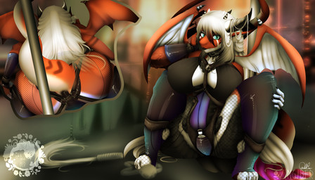 alternative_fashion anthro breasts butt clothing corset dildo dominant dominatrix female goth horn latex legwear lingerie membrane_(anatomy) membranous_wings non-mammal_breasts pole sex_toy solo spreading stockings tail topwear whip wings avoid_posting zingiber mythology dragon mythological_creature mythological_scalie reptile scalie 7:4 absurd_res hi_res