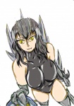 black_hair breasts fangs female hair looking_at_viewer pupils simple_background slit_pupils smile solo spines standing teeth yellow_eyes kenn godzilla_(series) toho godzilla kaiju unknown_species absurd_res hi_res