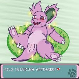 embarrassed female feral lying on_back outside solo text_box vulva puppybug94 nintendo pokemon generation_1_pokemon nidorina pokemon_(species) shiny_pokemon 2025 digital_drawing_(artwork) digital_media_(artwork) watermark