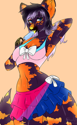 anthro blue_eyes bottomwear bow_accessory clothing dark_hair dessert female food ice_cream lgbt_pride licking looking_at_viewer pride_color_bottomwear pride_color_clothing pride_color_flag pride_color_skirt pride_color_topwear pride_colors skirt smile solo swimwear tongue topwear yellow_nose sharly african_wild_dog canid canine mammal absurd_res hi_res
