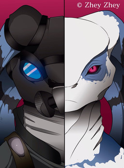 ambiguous_gender armor gas_mask glowing glowing_eyes mask pink_eyes red_eyes solo split_screen white_body white_skin zheyzhey umbra_(k3ta) seyloid bust_portrait hi_res portrait