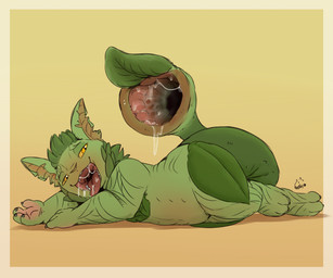 anthro bodily_fluids border breath carnivorous_plant claws drooling female female_anthro flat_chested gaping_mouth gradient_background leaf literal_tailhole long_tail looking_at_viewer lying neck_tuft notched_ear nude on_side open_mouth pitcher_plant plant pose saliva saliva_string simple_background slightly_chubby solo tail tail_mouth tan_border tan_sclera thick_thighs tongue tongue_out tuft unusual_anatomy unusual_tail uvula wide_hips yellow_eyes neemyart elemental_creature flora_fauna 2025 colored_sketch full-length_portrait hi_res pinup portrait sketch