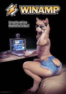 anthro bed big_butt black_background bottomwear butt camera clothing cloven_hooves computer denim denim_bottomwear denim_clothing denim_shorts digitigrade electronics eyewear femboy fur furniture glasses headphones hooves inside jewel_case laptop long_neck looking_at_viewer looking_back looking_back_at_viewer male mouth_closed on_bed scut_tail serious_face shirt short_tail shorts simple_background sitting sitting_on_bed solo sunglasses table tail tan_body tan_fur text thick_thighs topwear unguligrade wearing_glasses webcam wired_headphones maxmushroom microsoft microsoft_windows winamp windows_xp camelid llama mammal 2026 artist_name digital_media_(artwork) english_text hi_res portrait