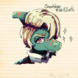 anthro biped blonde_hair bone_frill clothing collared_shirt frill_(anatomy) green_body hair hair_over_eye looking_at_viewer male markings orange_body orange_eyes pattern_background shirt short_hair simple_background smile solo sparkles striped_background striped_markings stripes text topwear by:_muun devlog:_a_post-modern_college_experience elliot_(devlog) dinosaur hadrosaurid ornithischian ornithopod parasaurolophus prehistoric_species reptile scalie 1:1 2025 absurd_res artist_name character_name colored headshot_portrait hi_res portrait shaded