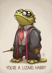 3_toes alternate_species anthro barefoot clothing eyewear feet glasses gloves gryffindor handwear hogwarts_uniform male necktie robe school_uniform simple_background solo text toes uniform wand ry-spirit harry_potter_(series) harry_potter lizard reptile scalie 2018 english_text signature