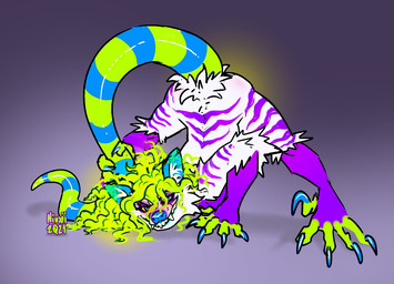 anthro ass_up blue_claws blue_nose butt claws clown colored_nails curly_hair feet female glamfur glistening glistening_tail glowing glowing_hair green_hair hair hairless_tail jack-o'_pose markings nails pose presenting radioactive sharp_teeth solo sparklefur striped_markings striped_tail stripes tail tail_markings teeth niuxii niuxii_opossum american_opossum mammal marsupial virginia_opossum colorful_theme