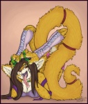 anthro breast_squish breasts cleavage clothed clothing collar fangs female flexible fur horn long_tongue open_mouth orange_eyes panties piercing solo squish tail teeth tongue tongue_out tongue_piercing underwear yellow_body yellow_fur sukebepanda vera_(vera) felid langurhali mammal