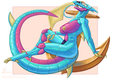 3_toes 4_fingers anchor anthro areola bedroom_eyes big_breasts blue_body blue_horn blue_tongue breasts claws dorsal_fin feet female fin fingers forked_tongue geometric_background horn leaning_on_object long_tongue looking_at_viewer metallic_body multicolored_body narrowed_eyes nipples nude nude_anthro nude_female open_mouth open_smile orange_background pink_body pink_breasts pose purple_visor reclining seductive segmented_body segmented_neck segmented_tail side_view simple_background smile solo tail tail_fin toes tongue visor white_background yellow_areola yellow_claws yellow_eyes yellow_fins yellow_nipples xenthetechnomorph ankr_(skiesofsilver) synth_(vader-san) 2024 absurd_res dated digital_media_(artwork) full-length_portrait hi_res pinup portrait signature