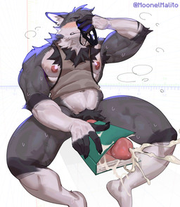 anthro armpit_hair athletic big_penis blue_eyes blush blush_lines bodily_fluids body_hair chest_tuft clothing cum ejaculation erection genital_fluids genitals gooning himbofication jock jockstrap male messy muscular muscular_male object_humping orgasm pecs pecs_with_breasts penis pubes raised_arm shirt sitting smelly sniffing sniffing_clothes solo stink_cloud sweat tank_top thick_thighs topwear tuft underwear underwear_sniffing moonelmalito kyash-tyur canid canine canis mammal wolf absurd_res hi_res