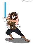 anthro blue_lightsaber breasts clothing female fighting_pose hair holding_object holding_weapon lightsaber melee_weapon pose smile solo weapon chrisandcompany star_wars lagomorph leporid mammal rabbit