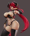 big_breasts breasts clothing female hair horn huge_breasts legwear long_hair looking_at_viewer not_furry open_mouth red_hair solo thick_thighs thigh_highs eu03 horned_humanoid humanoid mammal hi_res