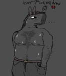 anthro barazoku belt belt_buckle big_pecs biped bodily_fluids body_hair broken_heart buckle bulge chest_hair clothed clothing ellipsis hand_in_pocket happy_trail male male_anthro musclegut muscular nipples no_shirt pecs pockets solo stubble sweat sweaty_body sweaty_pecs topless topless_anthro topless_male unzipped unzipped_pants zipper momo_thewitchcat pixiefentanyl horse_race_tests downtown_skybox_(hrt) equid equine horse mammal digital_media_(artwork) microsoft_paint_(artwork)