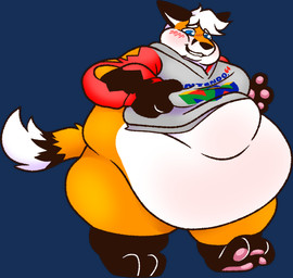 anthro belly big_belly black_body black_fur blue_eyes blush bottomless clothed clothing fur hair hoodie hoodie_only love_handles male n64_logo obese obese_anthro obese_male orange_body orange_fur overweight overweight_anthro overweight_male solo topwear topwear_only torn_clothing torn_hoodie white_body white_fur white_hair boycotee nintendo nintendo_64 canid canine fox mammal red_fox true_fox alpha_channel hi_res