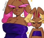 angry anthro big_breasts black_eyes breasts brown_body brown_fur clothing cross-popping_vein duo eyebrows female flat_chested fur looking_at_another looking_at_viewer pink_body pink_eyebrows pink_fur pupils purple_clothing red_pupils simple_background size_difference smug star tan_body tan_eyebrows tan_fur white_background char002 nintendo pokemon generation_4_pokemon lopunny pokemon_(species) shiny_pokemon 2024