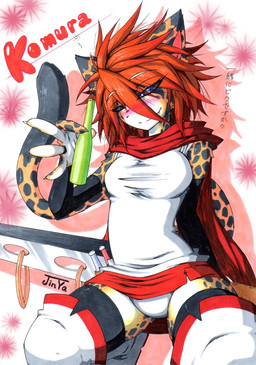 anthro blue_eyes blush bottle clothing container drunk female fur hair looking_at_viewer red_hair solo substance_intoxication text weapon akabane_jin komura cheetah felid feline mammal japanese_text