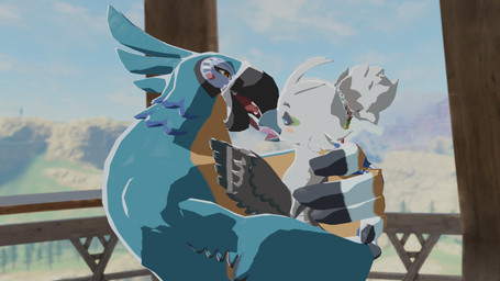 beak blue_body duo feathers french_kissing holding_up_other_character kissing male male/male nude open_beak open_mouth tongue tongue_out white_body wings young furryfamine20 breath_of_the_wild nintendo the_legend_of_zelda kass_(tloz) tulin_(tloz) avian bird rito 16:9 3d_(artwork) digital_media_(artwork) hi_res widescreen