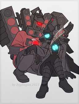 armor armor_plates black_body boots bottomwear camera clothing coat crossed_legs duo footwear glowing glowing_eyes hand_on_knee hand_on_leg knife knife_play machine male male/male metal metallic_body pants plane_wings shoes simple_background sitting sitting_on_ground speaker topwear wings zegzagun skibidi_toilet cameraman_(skibidi_toilet) humanoid robot robot_anthro skibidi_toilet_(species) speakerman_(skibidi_toilet) hi_res
