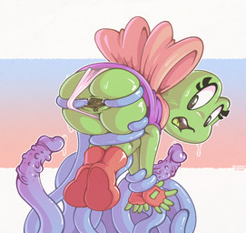 anthro bow_ribbon butt clothing female forced genitals gloves green_body green_skin handwear penis_tentacles rape restrained restrained_by_tentacles ribbons sex spread_butt spread_vulva spreading tentacle_rape tentacle_sex tentacles vulva onihidden annie_exalta amphibian frog absurd_res hi_res
