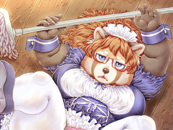 anthro blue_eyes cleaning_tool clothing eyewear female fur glasses hair maid_headdress maid_uniform mop on_ground red_body red_fur red_hair slipping solo thick_thighs uniform wet_floor onda_seki ailurid mammal red_panda