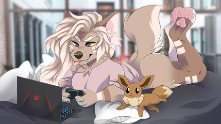 4_toes anthro blep blurred_background bottomless brown_body brown_ears brown_eyes brown_fur brown_nose butt cheek_tuft chest_tuft clothed clothing computer controller electronics facial_tuft feet female fur hair holding_controller holding_object laptop lying on_front partially_clothed pawpads pink_inner_ear pink_pawpads plushie solo tail tan_body tan_fur tan_hair tan_inner_ear tan_tail three-quarter_view toes tongue tongue_out tuft princelykaden nintendo pokemon canid eevee generation_1_pokemon mammal pokemon_(species) 16:9 widescreen