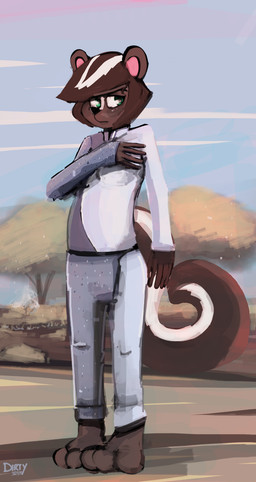 3_toes 5_fingers anthro biped black_nose bottomwear breasts brown_body brown_ears brown_fur brown_tail clothed clothing cloud day detailed_background feet female fingers front_view fully_clothed fur green_eyes humanoid_hands markings multicolored_bottomwear multicolored_clothing multicolored_tail multicolored_topwear outside plant scenery sky small_breasts solo standing tail toes topwear tree two_tone_bottomwear two_tone_clothing two_tone_tail two_tone_topwear white_markings year dirtyscoundrel mammal mephitid skunk 2017 digital_media_(artwork) digital_painting_(artwork) hi_res painting_(artwork) signature