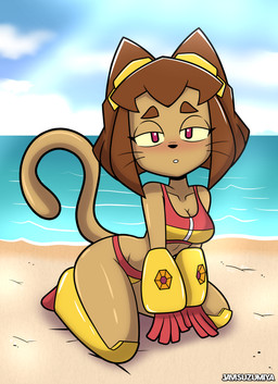 anthro beach bikini blush butt clothed clothing cloud female hair looking_at_viewer outside pose sand sea short_hair sitting sky solo swimwear tail two-piece_swimsuit water javisuzumiya gameoverse glitch_productions kit_bodega domestic_cat felid feline felis mammal 2026 absurd_res hi_res