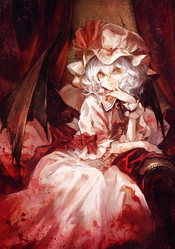 alternative_fashion blood blue_hair bodily_fluids bonnet chair classic_lolita clothed clothing dress female furniture guro_lolita hair hat headgear headwear j-fashion lolita_(fashion) membrane_(anatomy) membranous_wings mobcap red_eyes ribbons short_hair sitting smile solo throne wings banpai_akira touhou remilia_scarlet humanoid vampire