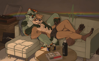 4_toes 5_fingers anthro beverage_can book bottle bulge clothed clothing coffee_table container cuddling duo ear_piercing ear_ring eye_contact facial_markings feet fingers fur furniture gloves_(marking) green_body green_fur grey_body grey_fur hair happy head_markings highlights_(coloring) holding_partner inside leg_markings light looking_at_another lying_on_partner male male/male markings mask_(marking) music on_sofa open_mouth orange_highlights pawpads paws piercing pillow rainbow_theme reclining reclining_against_partner record_player ring_piercing romantic romantic_couple smile socks_(marking) sofa striped_markings striped_tail stripes tail tail_markings tan_body tan_fur teeth toes underwear underwear_only whisker_spots russell_allen pink_floyd the_dark_side_of_the_moon_(album) lotor_raccoon zymen mammal procyonid raccoon digital_media_(artwork) hi_res lighting signature