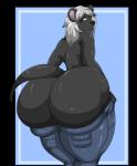 anthro big_butt black_body black_fur blue_eyes butt clothing curvy_figure femboy fur grey_hair hair huge_butt hyper hyper_butt looking_back male simple_background solo thick_thighs wide_hips okioppai steph_ulloa mammal mustelid otter alpha_channel digital_media_(artwork)