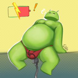 balls_outline belly bottomwear bulge clothing detailed_bulge energized genital_outline genitals green_body machine male pants penis penis_base relaxing slightly_chubby solo bot teewhup bugdroid android humanoid robot hi_res